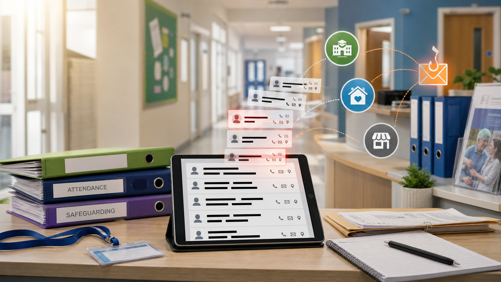 School admin desk showing redacted contact records and phishing risk after the DfE data breach