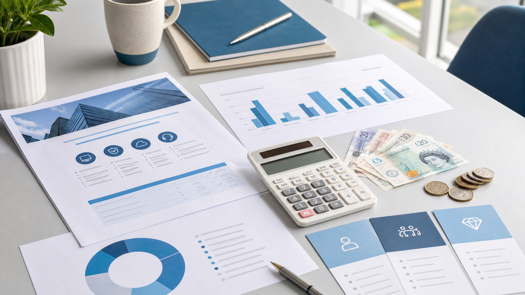 IT support cost planning documents with calculator and UK currency
