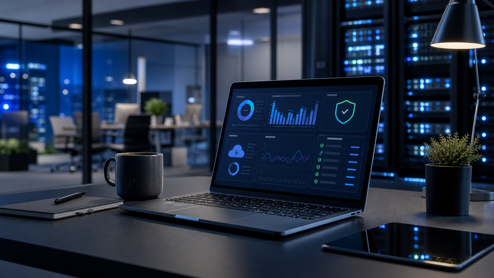 A laptop showing a cyber security dashboard in a modern office