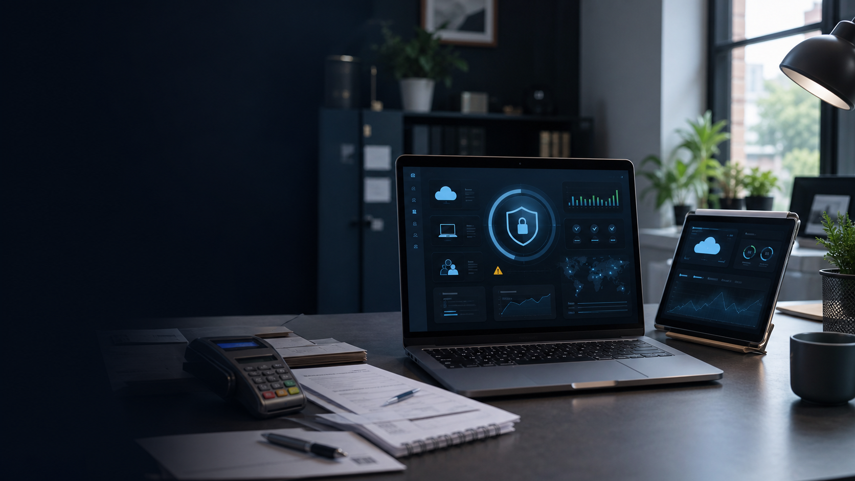 A laptop and tablet showing cyber security dashboards in a small business office