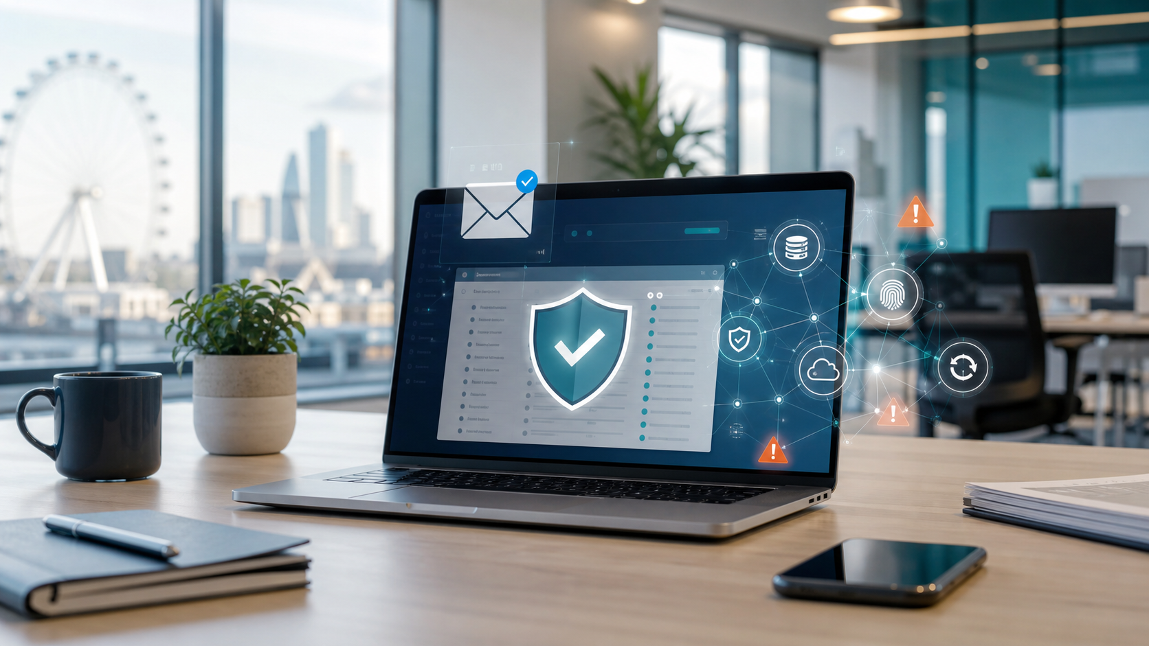 Laptop showing secure email protection in a UK office