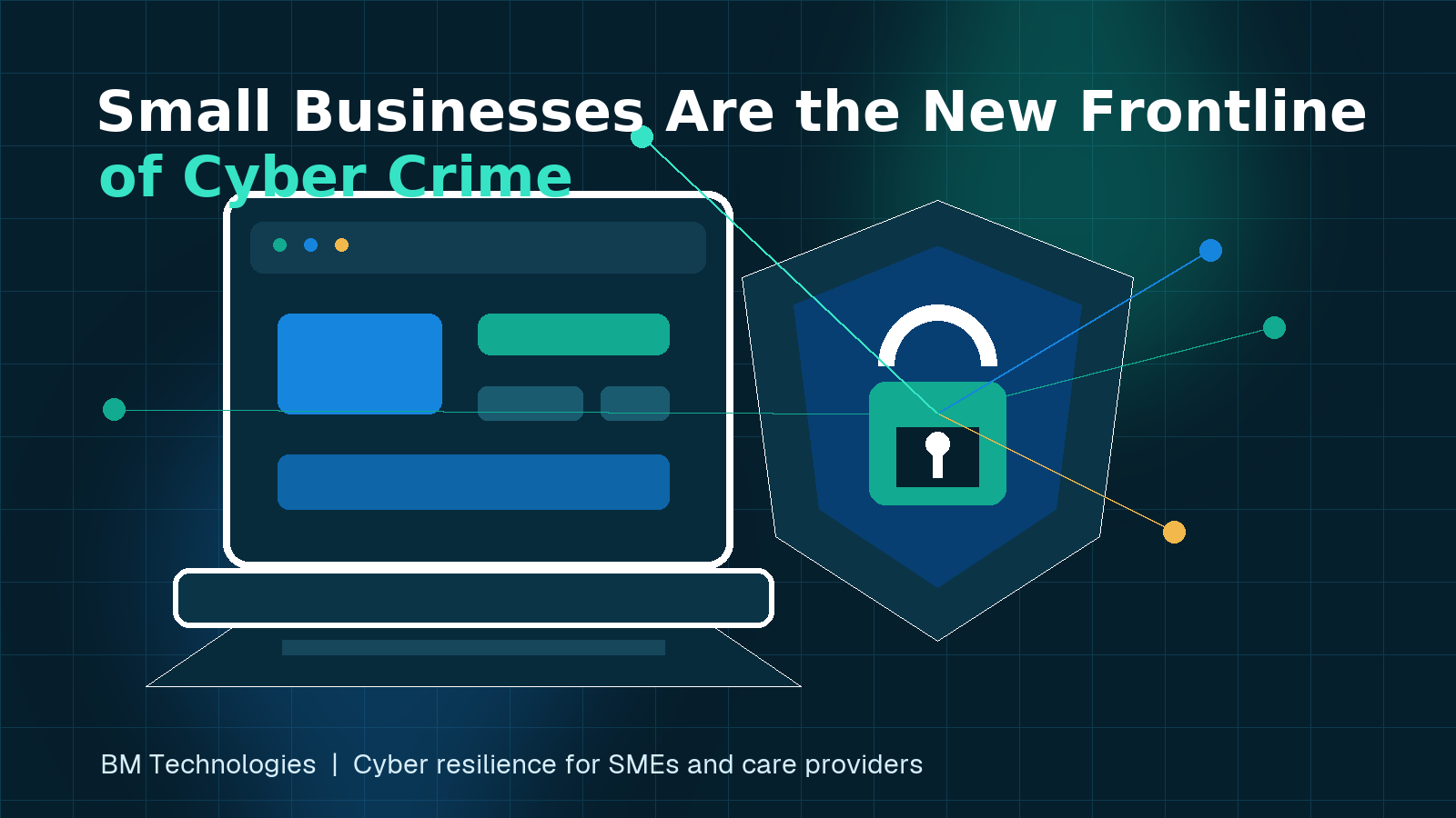 Illustration of a small business website protected by a cyber security shield