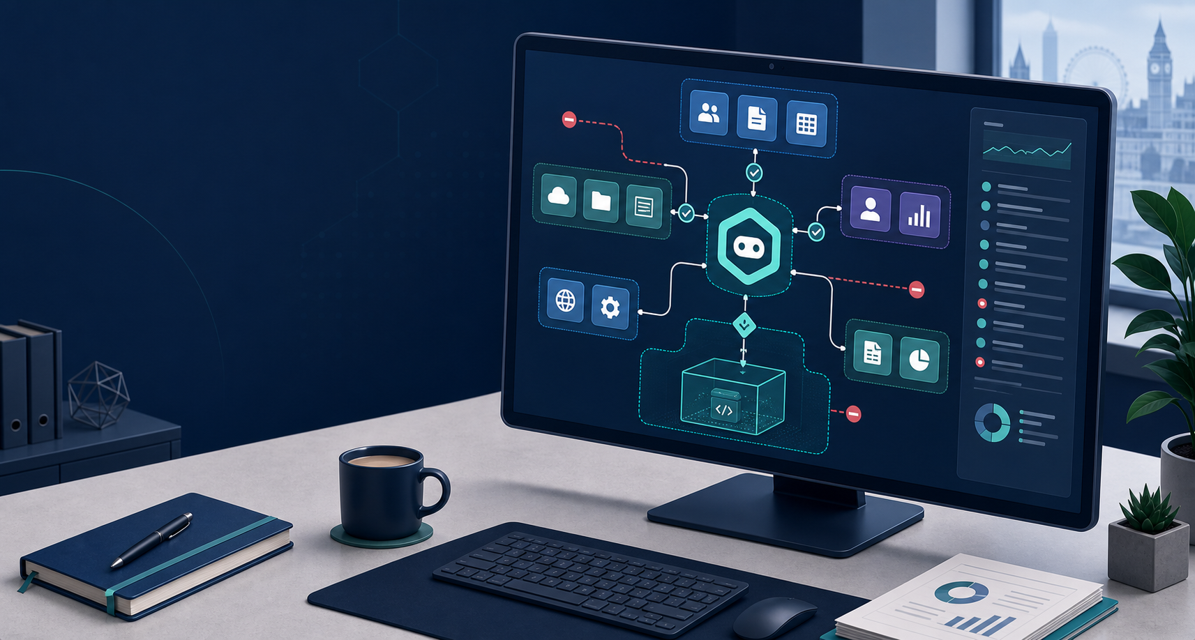 An isometric office monitor showing an AI agent workflow connected to business apps, with sandbox boundaries, approval checkpoints and blocked network paths.