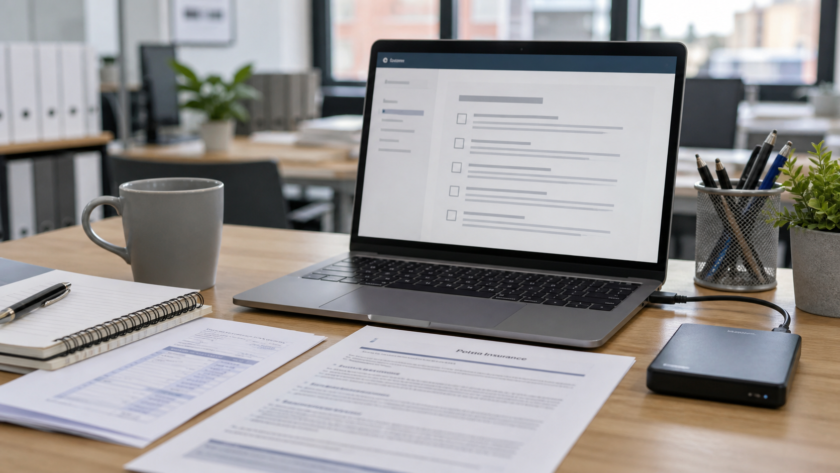 A UK small business owner reviewing a cyber insurance checklist beside Microsoft 365, backups and MFA controls.