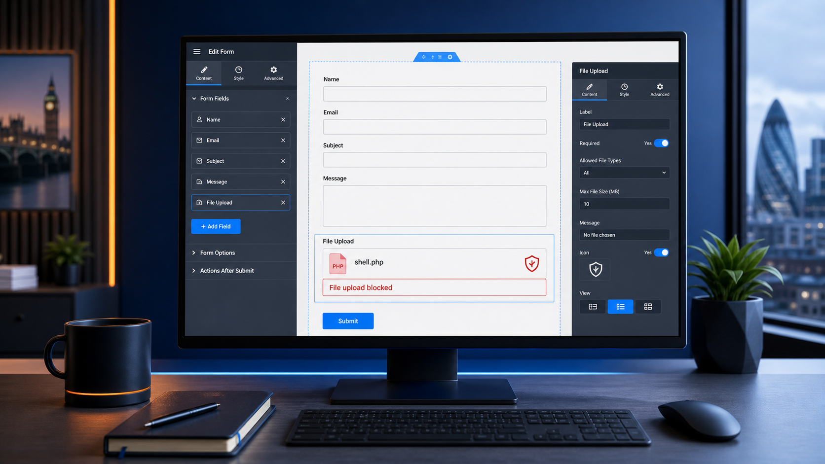 Website form builder screen showing a PHP file upload being blocked by security validation.