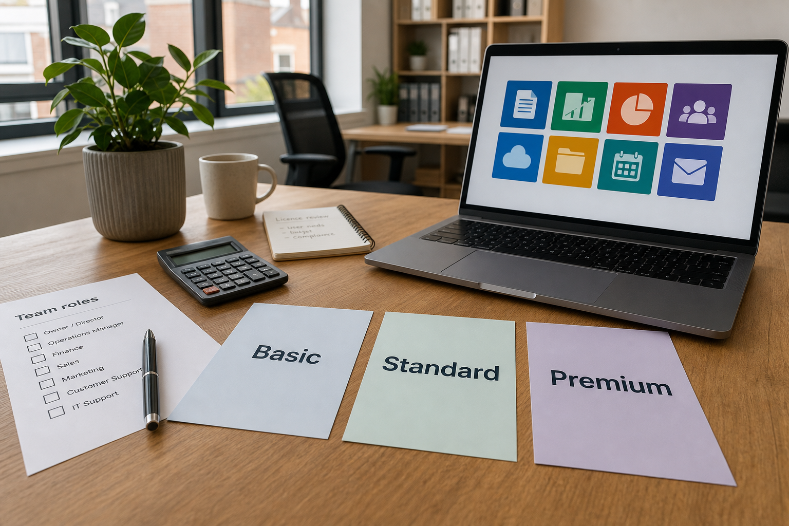 A UK business owner comparing Microsoft 365 licence cards for Basic, Standard and Premium on a tidy office desk.