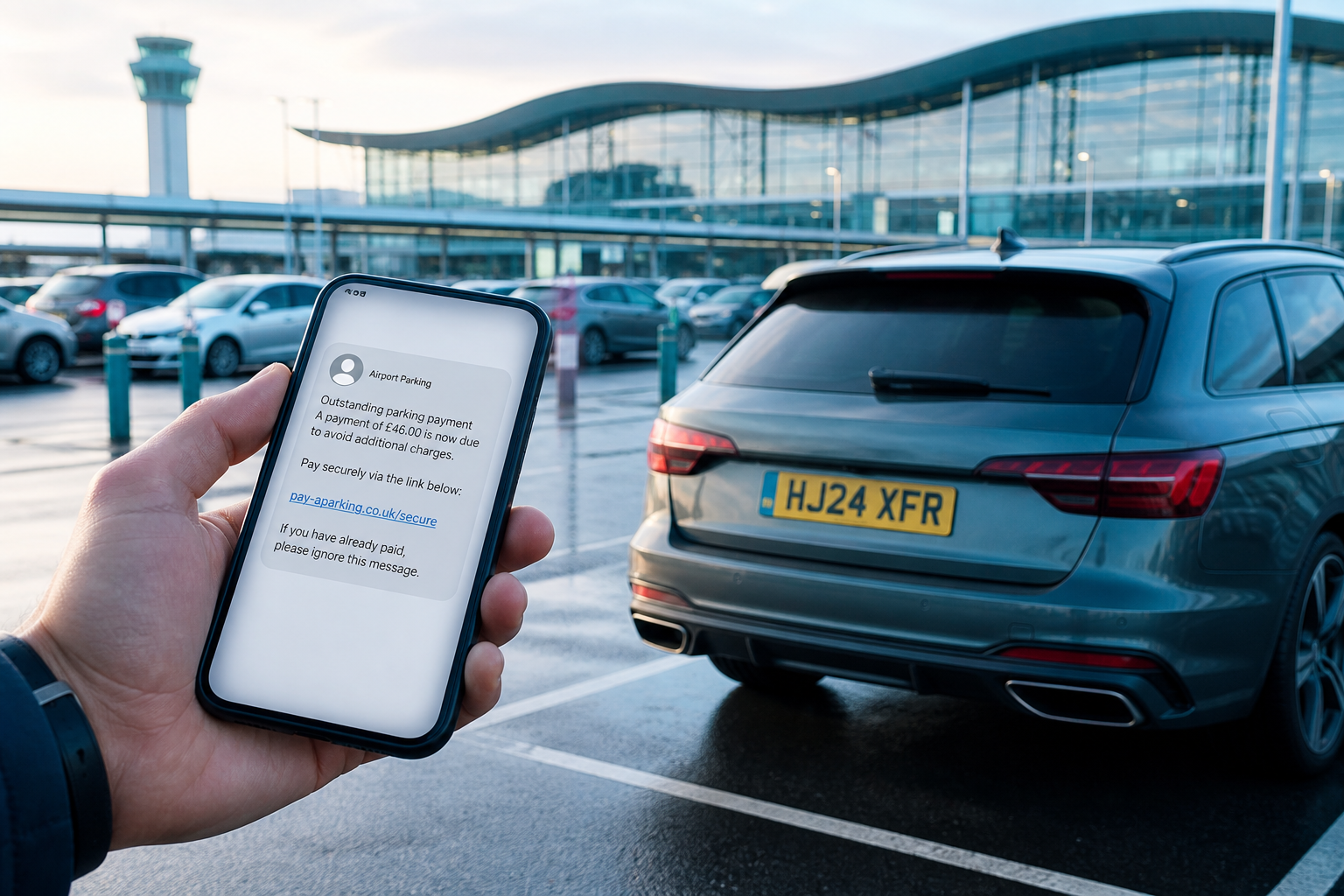 A driver viewing a suspicious airport parking payment message beside a car with a fictional registration plate