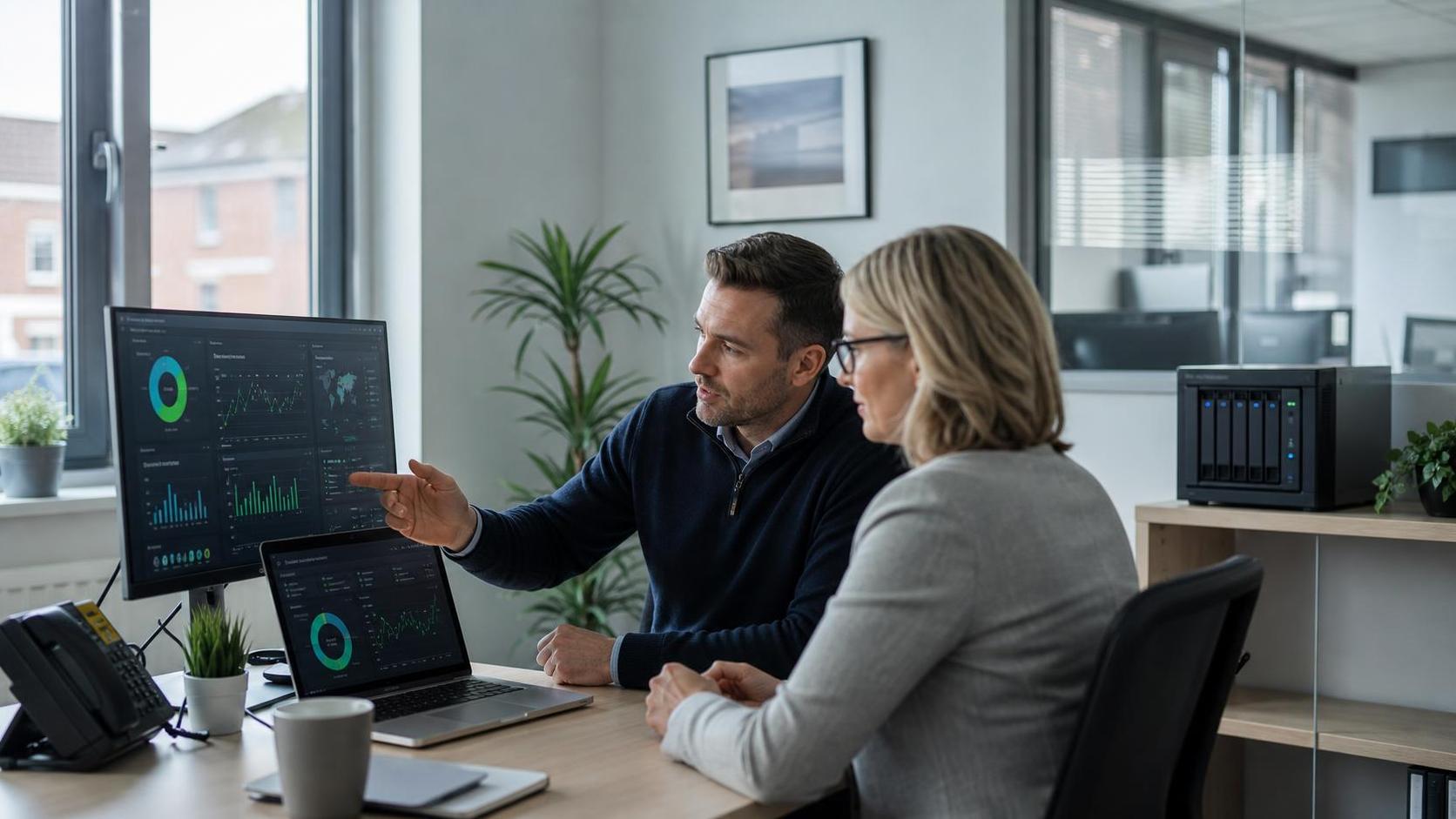 IT consultant reviewing backup and security dashboard with a UK business owner