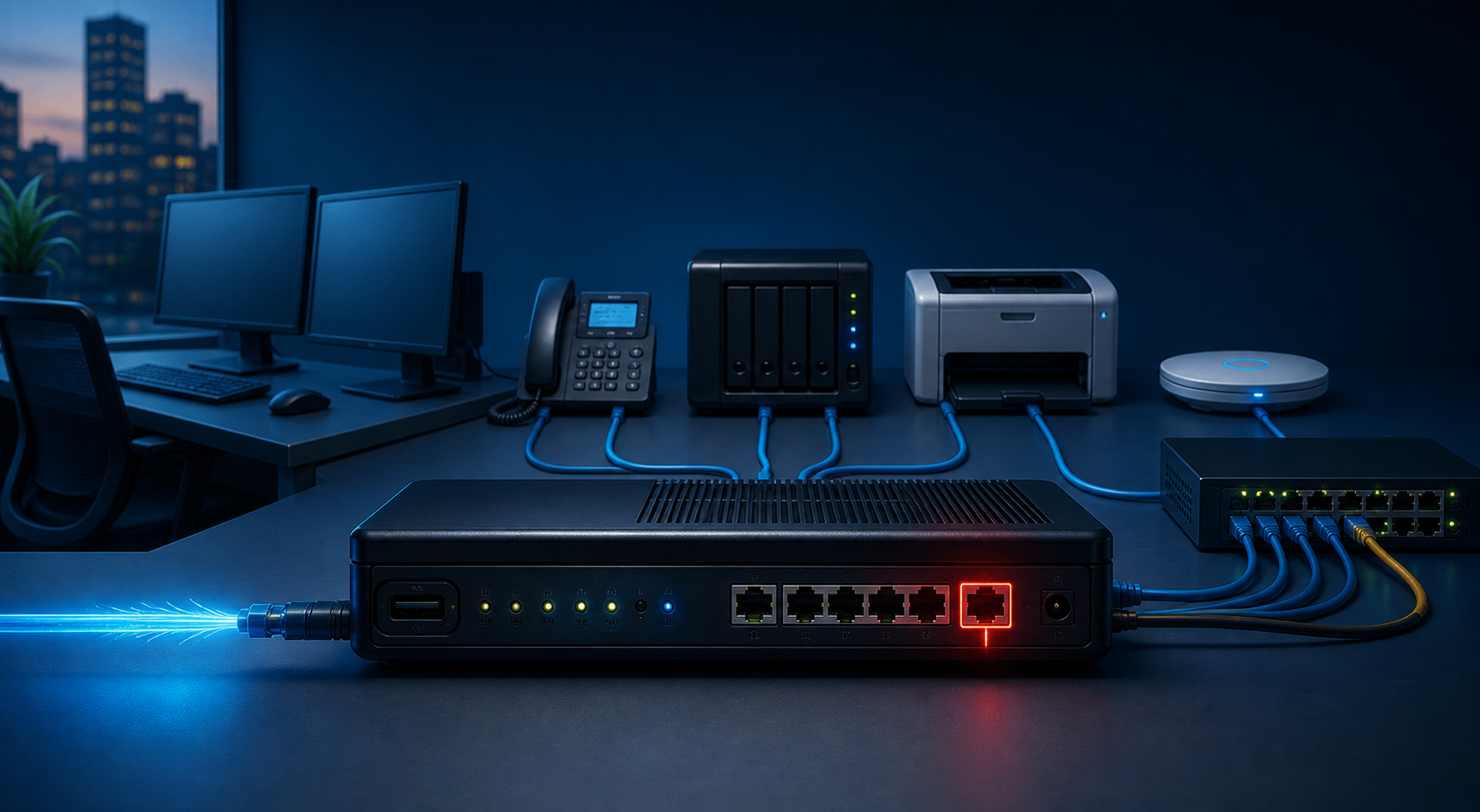 Small office router and firewall with a highlighted exposed network port