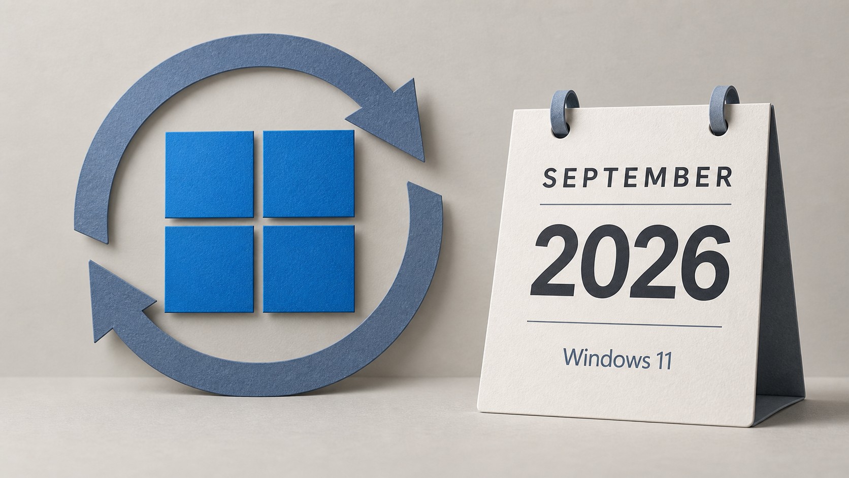 Windows four-pane symbol surrounded by update arrows beside a September 2026 calendar.