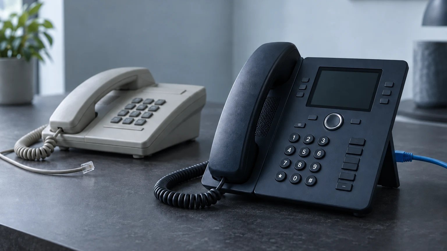 Illustrative scene of an analogue desk phone beside a modern IP phone connected by a blue Ethernet cable