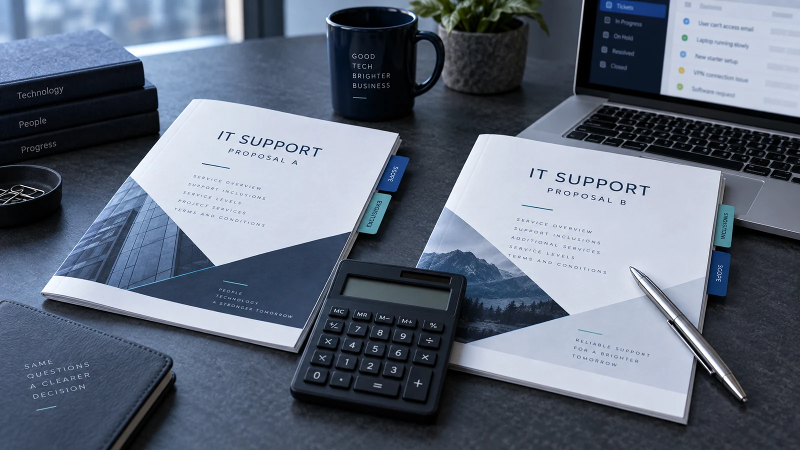 Illustrative comparison of two IT support proposals with a calculator and laptop on a desk