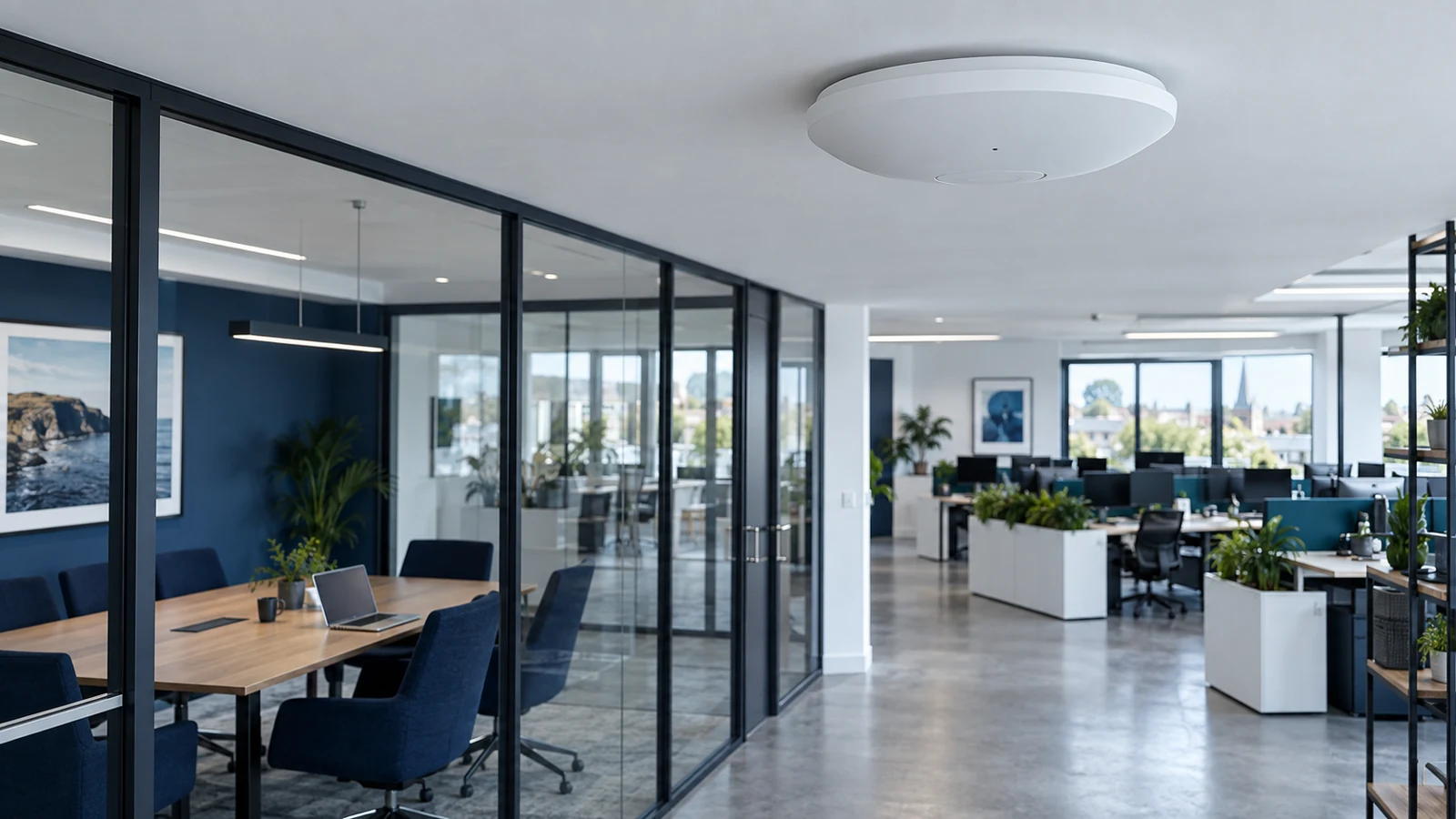 Illustrative office scene with a ceiling-mounted wireless access point above meeting rooms and desks