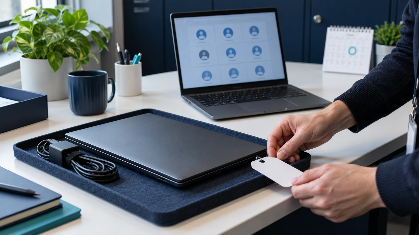 Illustrative scene of a returned laptop being checked beside a user account screen and renewal calendar