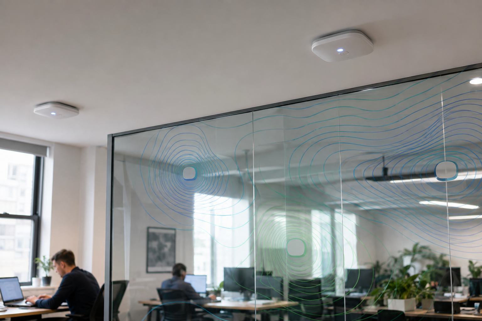 Ceiling mounted Wi-Fi access points in a UK office with signal coverage planning lines