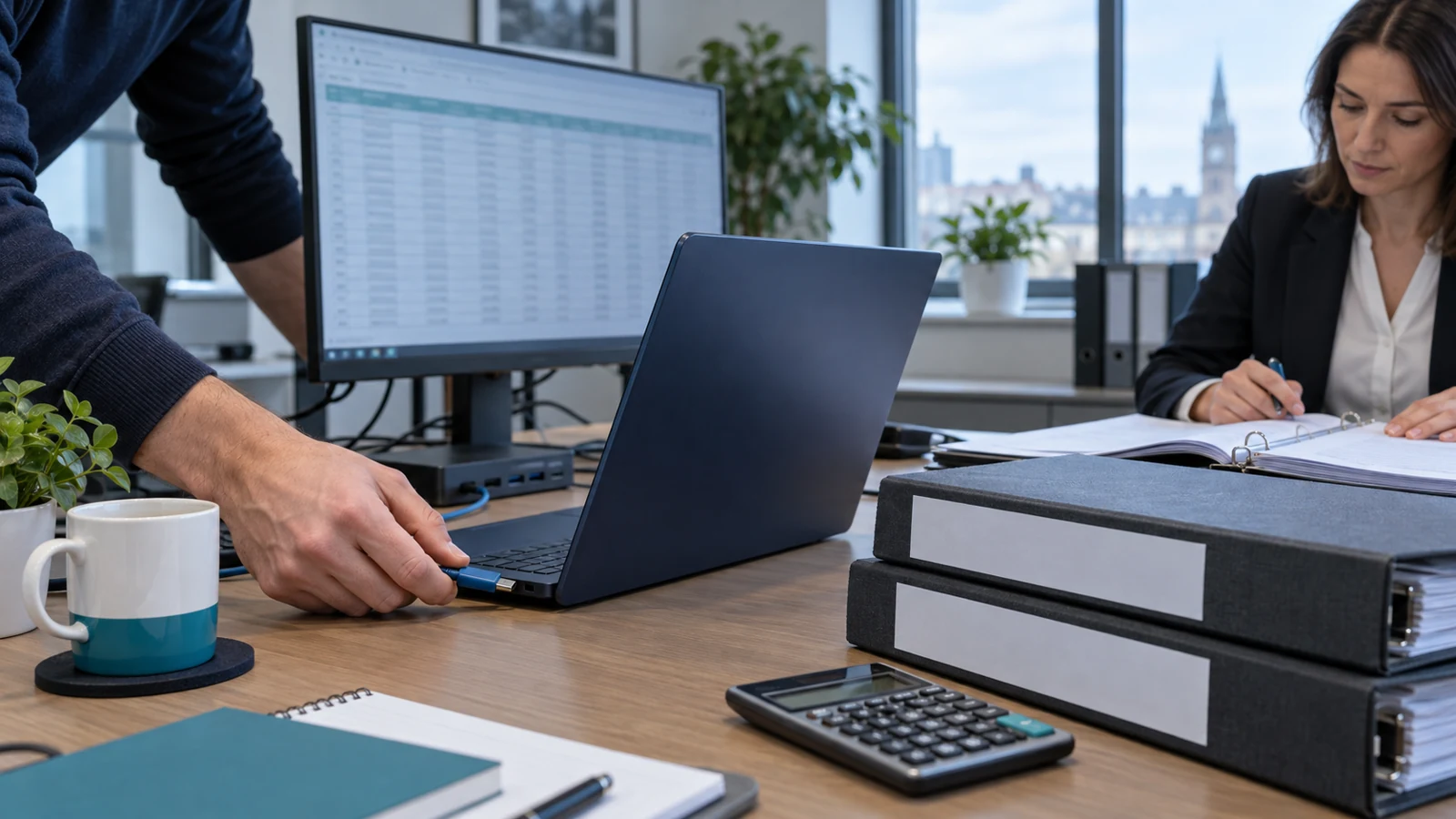 Illustrative accountancy workstation rehearsal with a technician connecting a spare laptop beside a calculator and client binders