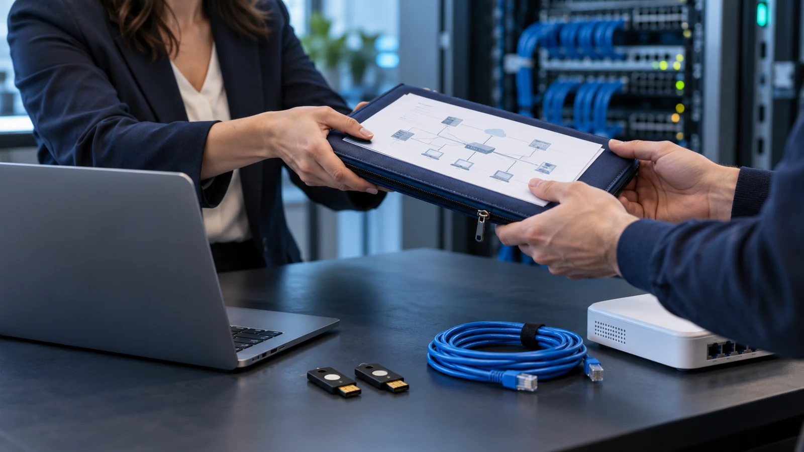 Illustrative IT handover scene with a network diagram portfolio being passed across a desk beside security keys, an Ethernet cable and router