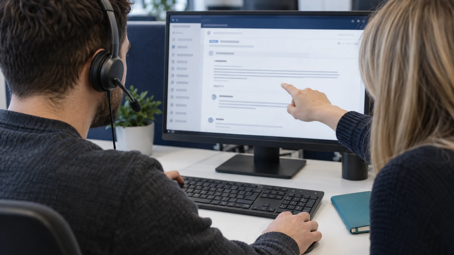 Illustrative support-desk handover with a headset-wearing engineer and colleague reviewing a ticket on screen